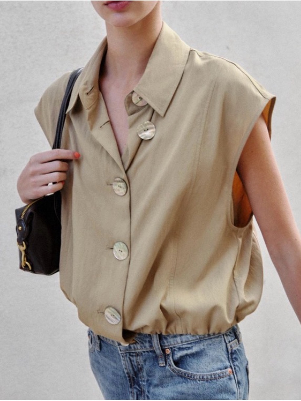 Zara Sleeveless Collared Button-Front Blouse in Khaki